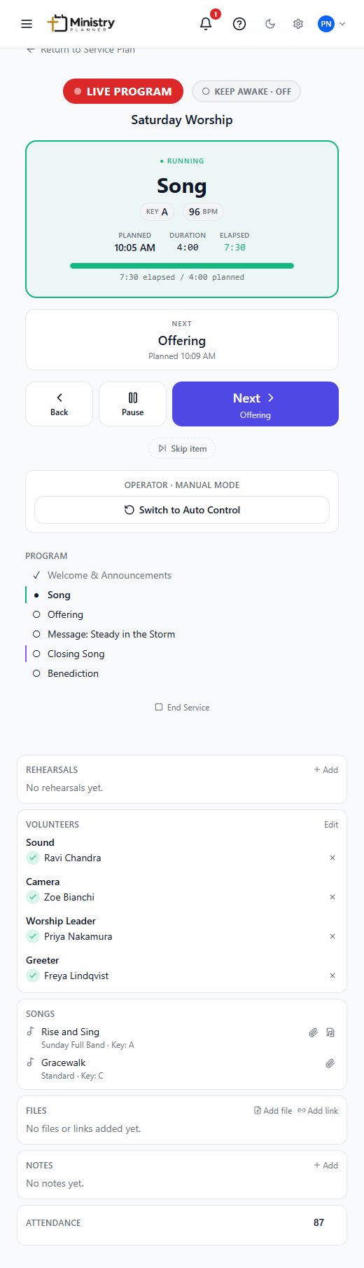 Ministry Planner's live service control screen, showing the current item, a Next/Back/Skip control row, and the full program list