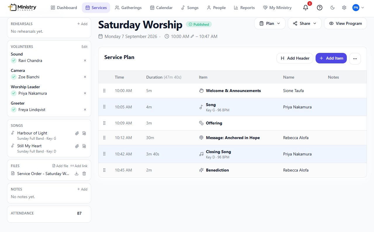 Ministry Planner's service run sheet, showing timed items, assigned volunteers, and song details for a Sunday service